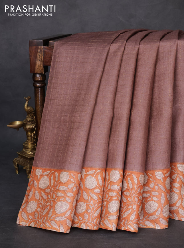 Pure tussar silk saree pastel brown and orange with allover zari checked pattern and kalamkari printed border