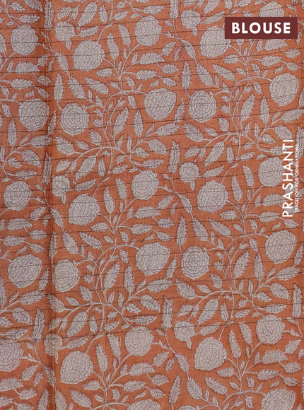Pure tussar silk saree pastel brown and orange with allover zari checked pattern and kalamkari printed border