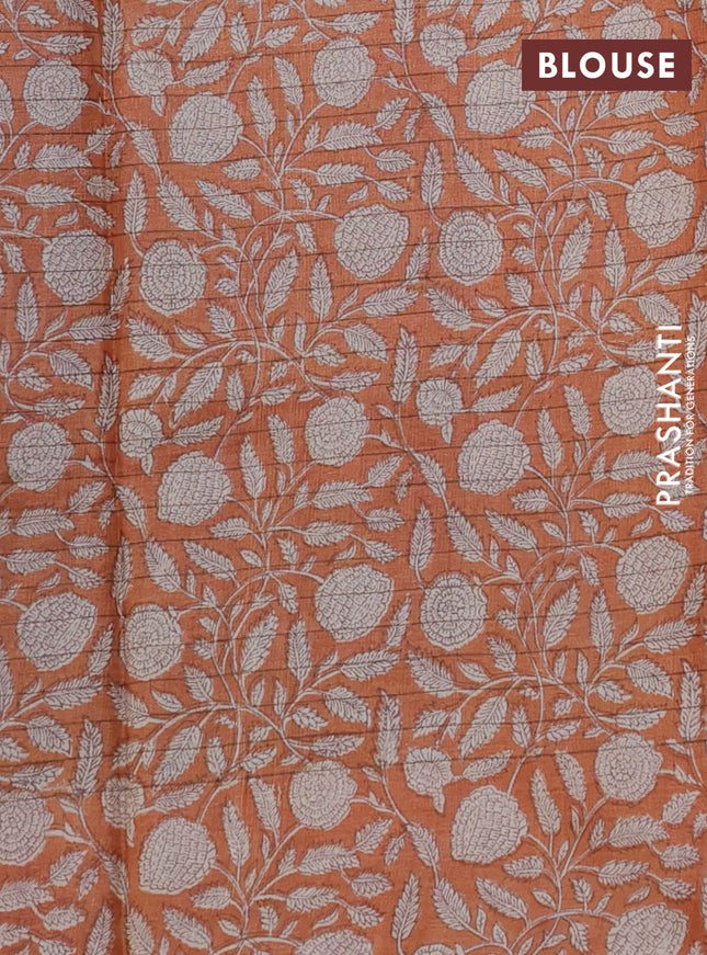 Pure tussar silk saree pastel brown and orange with allover zari checked pattern and kalamkari printed border