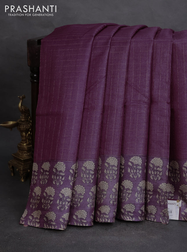 Pure tussar silk saree wine shade with allover zari checked pattern and floral printed butta border
