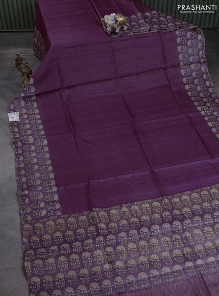 Pure tussar silk saree wine shade with allover zari checked pattern and floral printed butta border