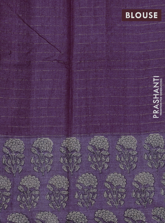 Pure tussar silk saree wine shade with allover zari checked pattern and floral printed butta border