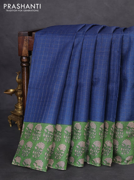 Pure tussar silk saree blue and green with allover zari checked pattern and floral printed butta border