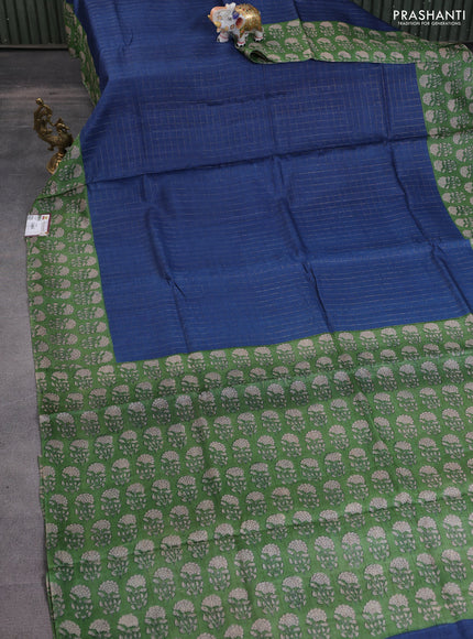 Pure tussar silk saree blue and green with allover zari checked pattern and floral printed butta border