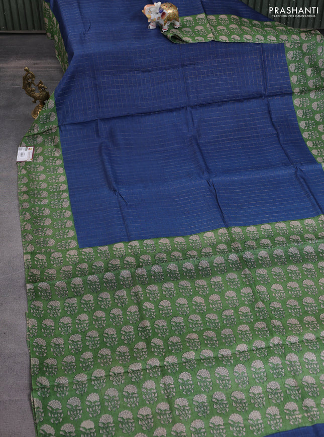 Pure tussar silk saree blue and green with allover zari checked pattern and floral printed butta border