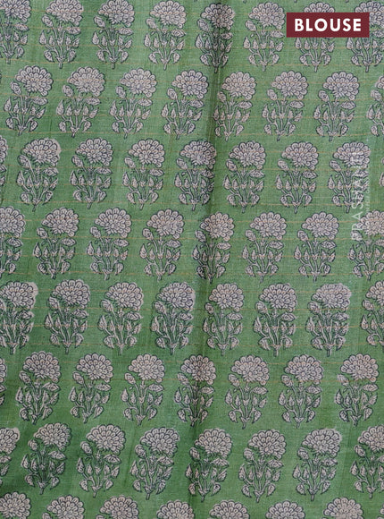 Pure tussar silk saree blue and green with allover zari checked pattern and floral printed butta border