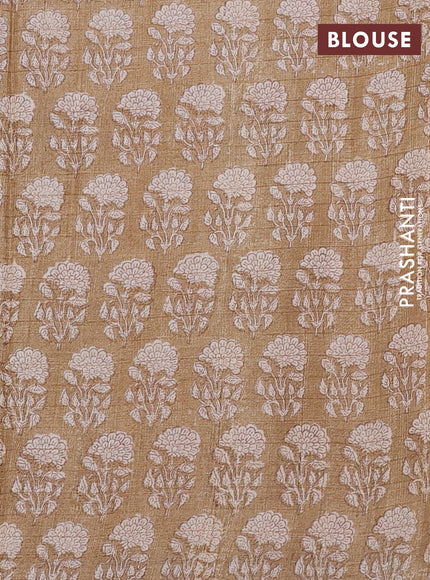 Pure tussar silk saree yellow and beige with allover zari checked pattern and floral printed butta border