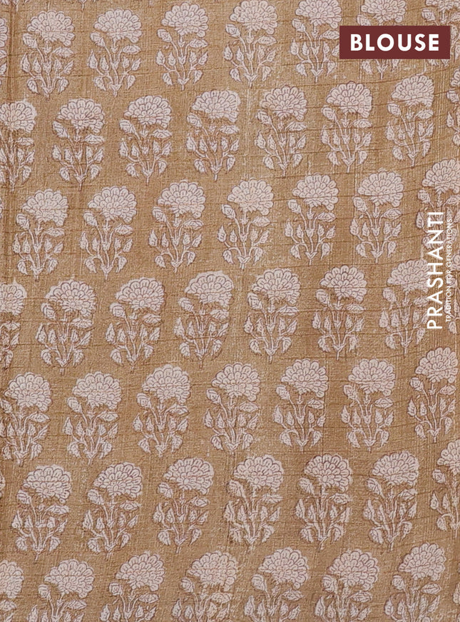 Pure tussar silk saree yellow and beige with allover zari checked pattern and floral printed butta border