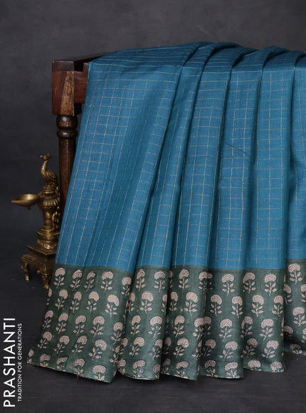 Pure tussar silk saree peacock green and bottle green with allover zari checked pattern and floral printed border