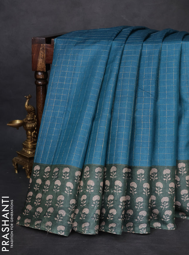 Pure tussar silk saree peacock green and bottle green with allover zari checked pattern and floral printed border