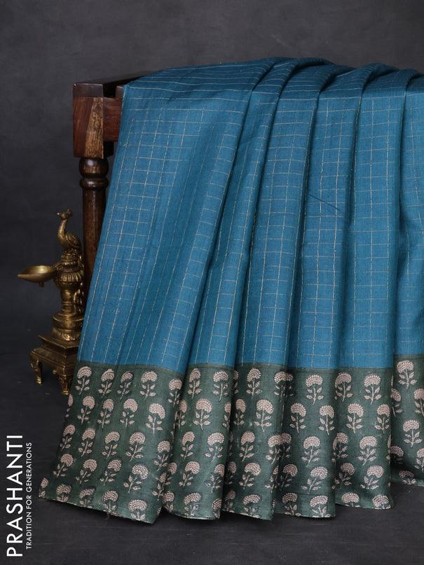 Pure tussar silk saree peacock green and bottle green with allover zari checked pattern and floral printed border