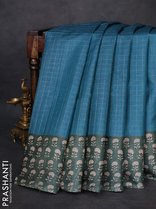 Pure tussar silk saree peacock green and bottle green with allover zari checked pattern and floral printed border