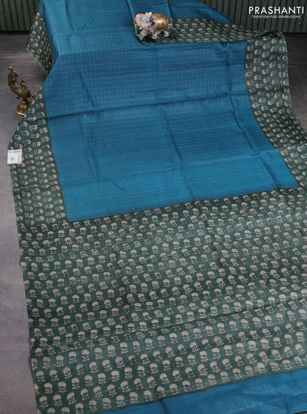 Pure tussar silk saree peacock green and bottle green with allover zari checked pattern and floral printed border