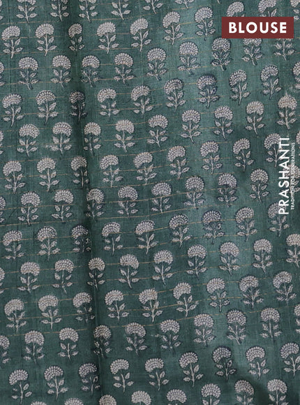 Pure tussar silk saree peacock green and bottle green with allover zari checked pattern and floral printed border