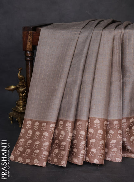 Pure tussar silk saree grey and brown with allover zari checked pattern and floral printed border