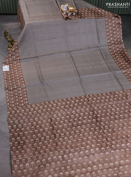 Pure tussar silk saree grey and brown with allover zari checked pattern and floral printed border