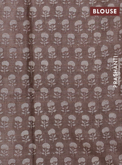 Pure tussar silk saree grey and brown with allover zari checked pattern and floral printed border