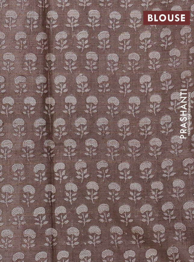 Pure tussar silk saree grey and brown with allover zari checked pattern and floral printed border