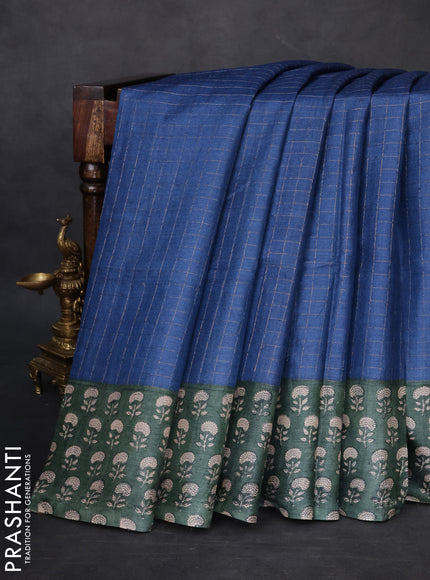 Pure tussar silk saree blue and bottle green with allover zari checked pattern and floral printed border