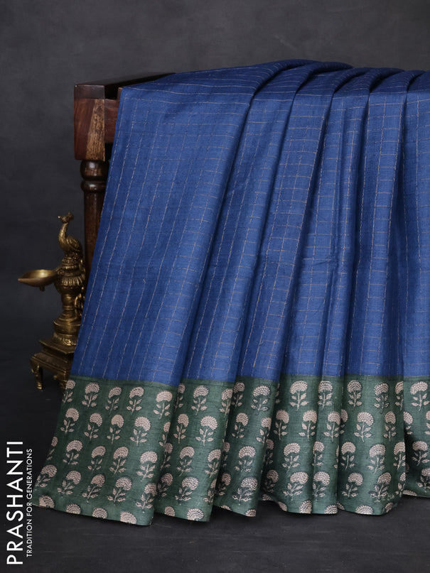 Pure tussar silk saree blue and bottle green with allover zari checked pattern and floral printed border