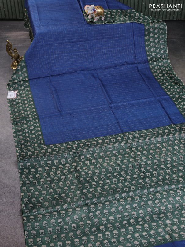 Pure tussar silk saree blue and bottle green with allover zari checked pattern and floral printed border