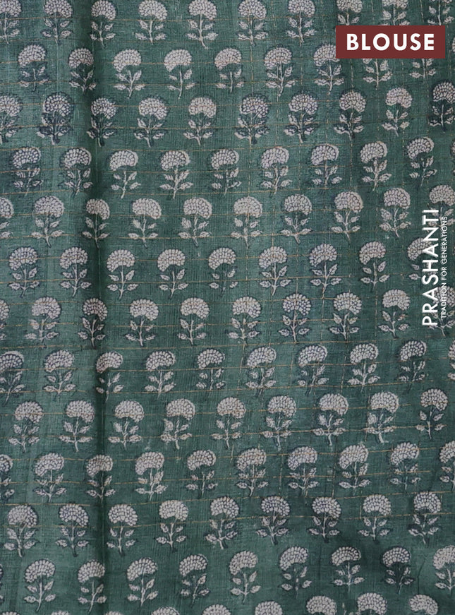 Pure tussar silk saree blue and bottle green with allover zari checked pattern and floral printed border