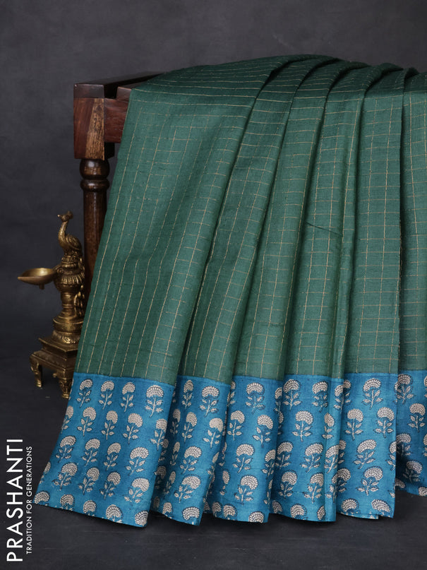 Pure tussar silk saree dark green and cs blue with allover zari checked pattern and floral printed border