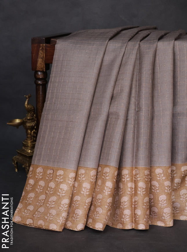 Pure tussar silk saree grey and sandal with allover zari checked pattern and floral printed border
