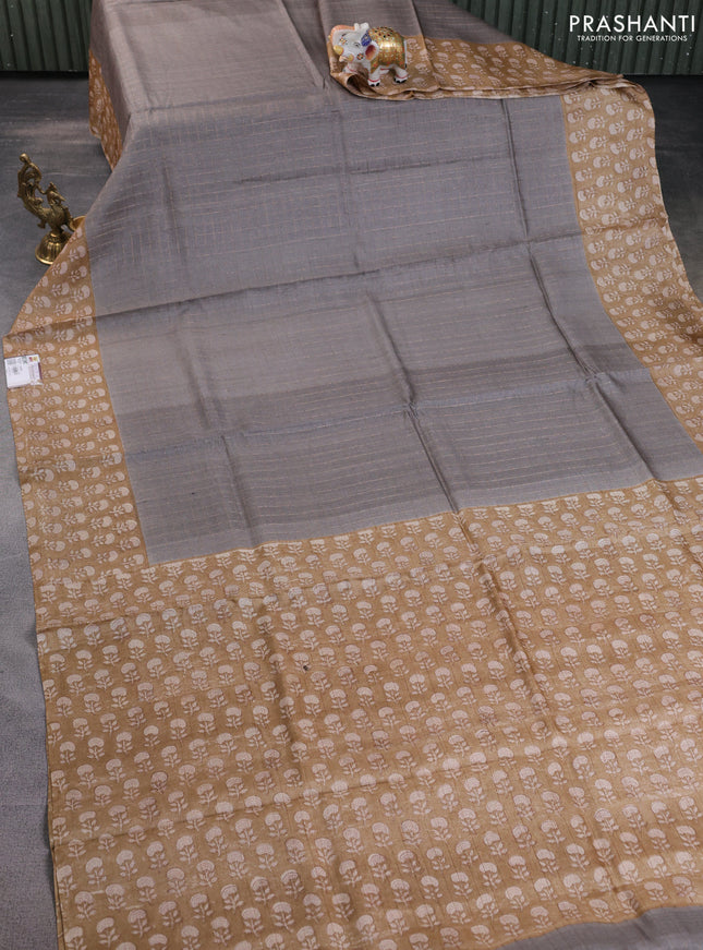 Pure tussar silk saree grey and sandal with allover zari checked pattern and floral printed border