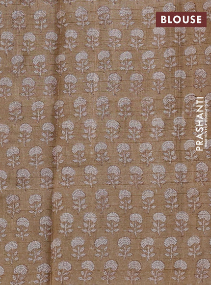 Pure tussar silk saree grey and sandal with allover zari checked pattern and floral printed border