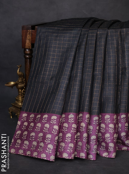 Pure tussar silk saree black and purple with allover zari checked pattern and floral printed border