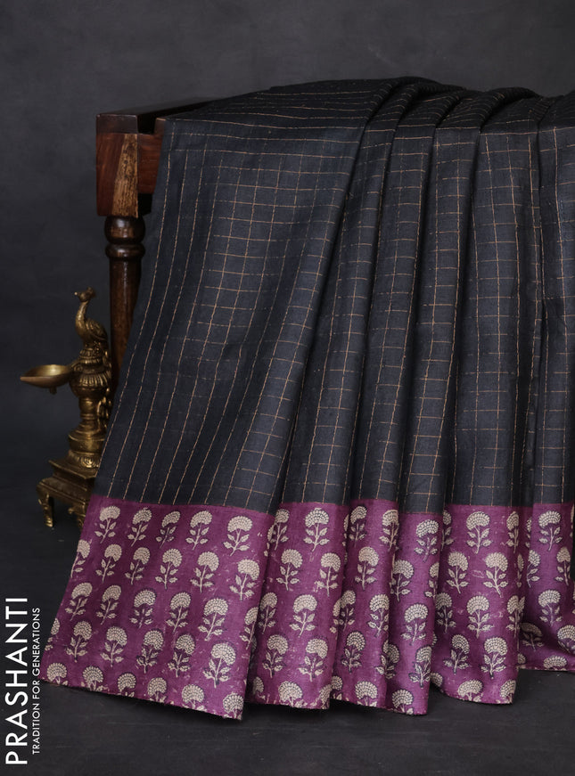 Pure tussar silk saree black and purple with allover zari checked pattern and floral printed border