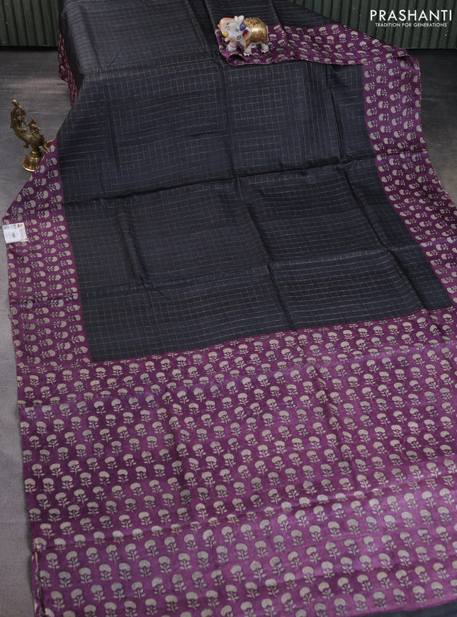 Pure tussar silk saree black and purple with allover zari checked pattern and floral printed border