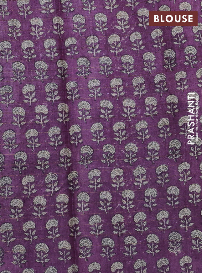 Pure tussar silk saree black and purple with allover zari checked pattern and floral printed border