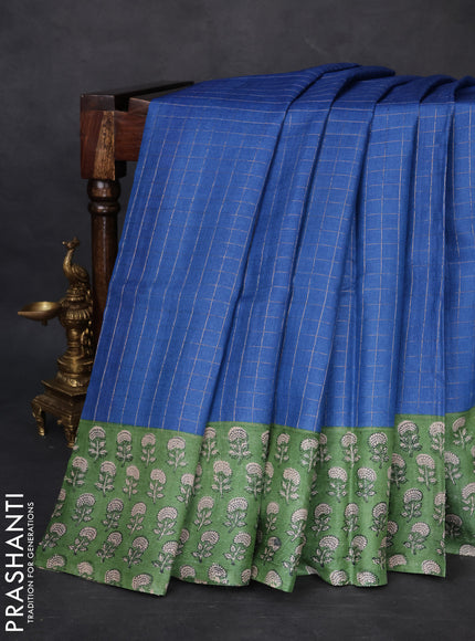 Pure tussar silk saree blue and green with allover zari checked pattern and floral printed border