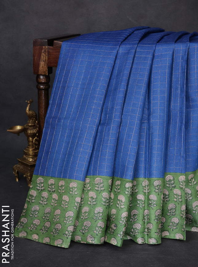 Pure tussar silk saree blue and green with allover zari checked pattern and floral printed border