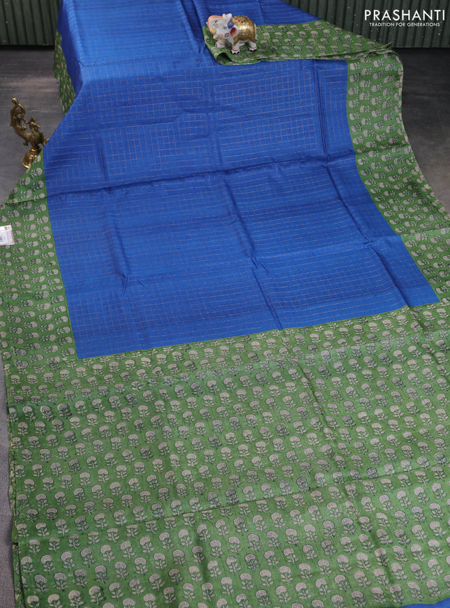 Pure tussar silk saree blue and green with allover zari checked pattern and floral printed border