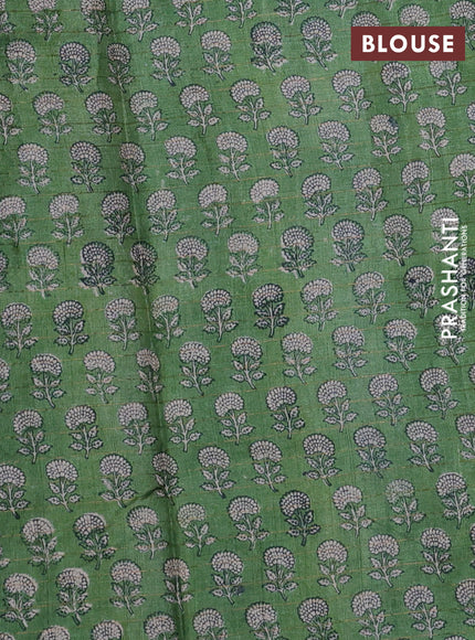 Pure tussar silk saree blue and green with allover zari checked pattern and floral printed border