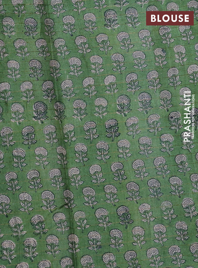 Pure tussar silk saree blue and green with allover zari checked pattern and floral printed border