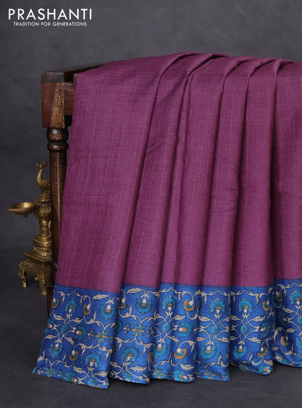 Pure tussar silk saree purple and blue with allover zari checked pattern and kalamkari printed border