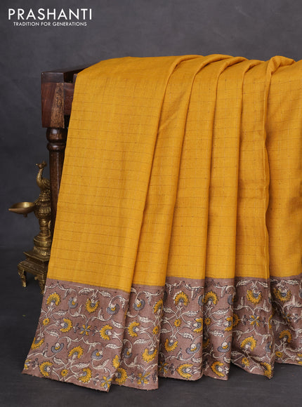 Pure tussar silk saree mustard yellow and brown with allover zari checked pattern and kalamkari printed border