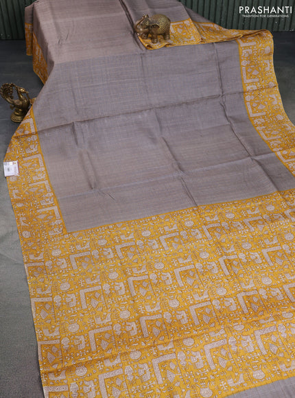 Pure tussar silk saree mustard yellow and brown with allover zari checked pattern and kalamkari printed border
