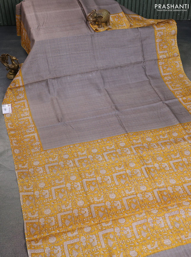 Pure tussar silk saree mustard yellow and brown with allover zari checked pattern and kalamkari printed border