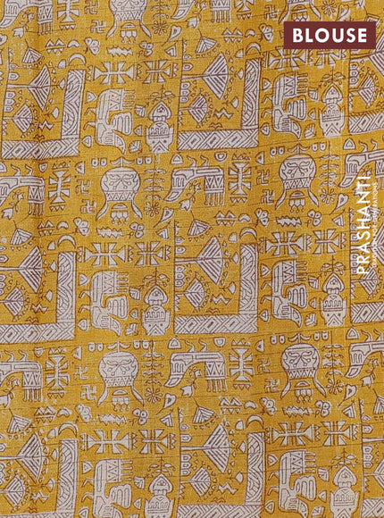 Pure tussar silk saree mustard yellow and brown with allover zari checked pattern and kalamkari printed border
