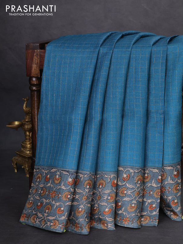Pure tussar silk saree cs blue and grey with allover zari checked pattern and kalamkari printed border