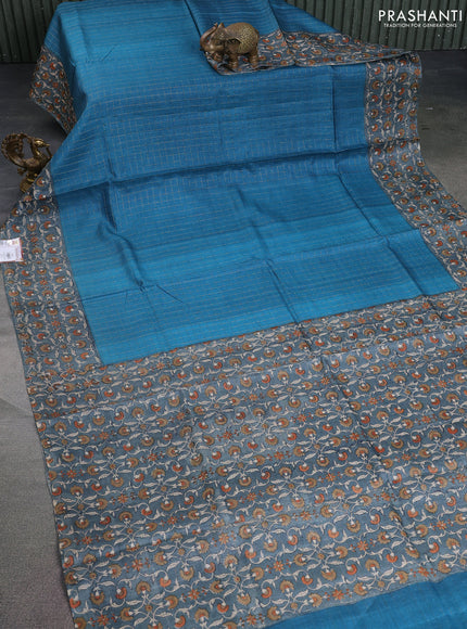 Pure tussar silk saree cs blue and grey with allover zari checked pattern and kalamkari printed border
