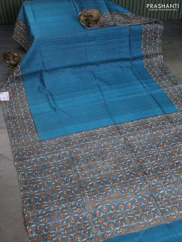 Pure tussar silk saree cs blue and grey with allover zari checked pattern and kalamkari printed border