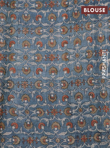 Pure tussar silk saree cs blue and grey with allover zari checked pattern and kalamkari printed border