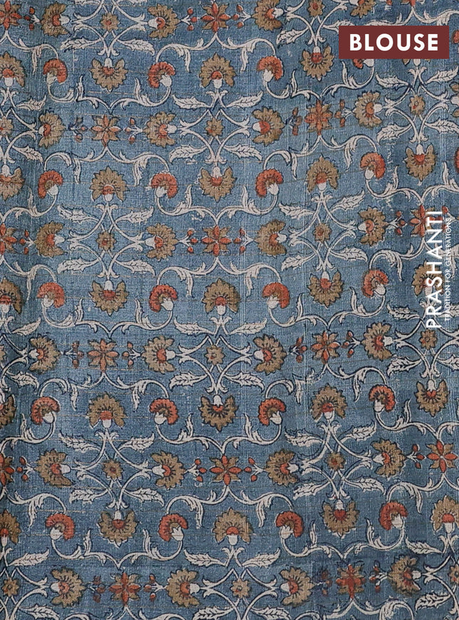 Pure tussar silk saree cs blue and grey with allover zari checked pattern and kalamkari printed border