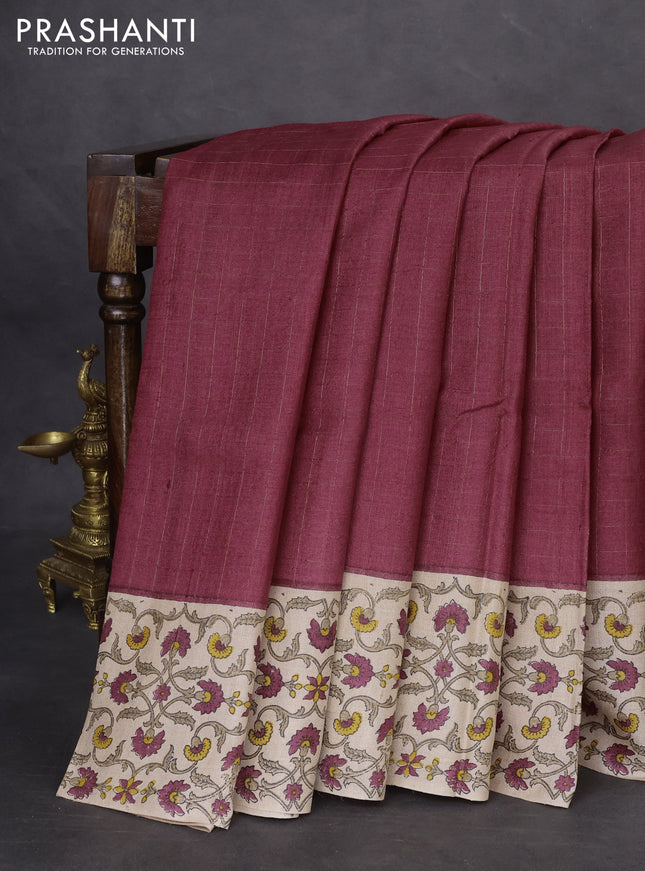 Pure tussar silk saree maroon and beige with allover zari checked pattern and kalamkari printed border